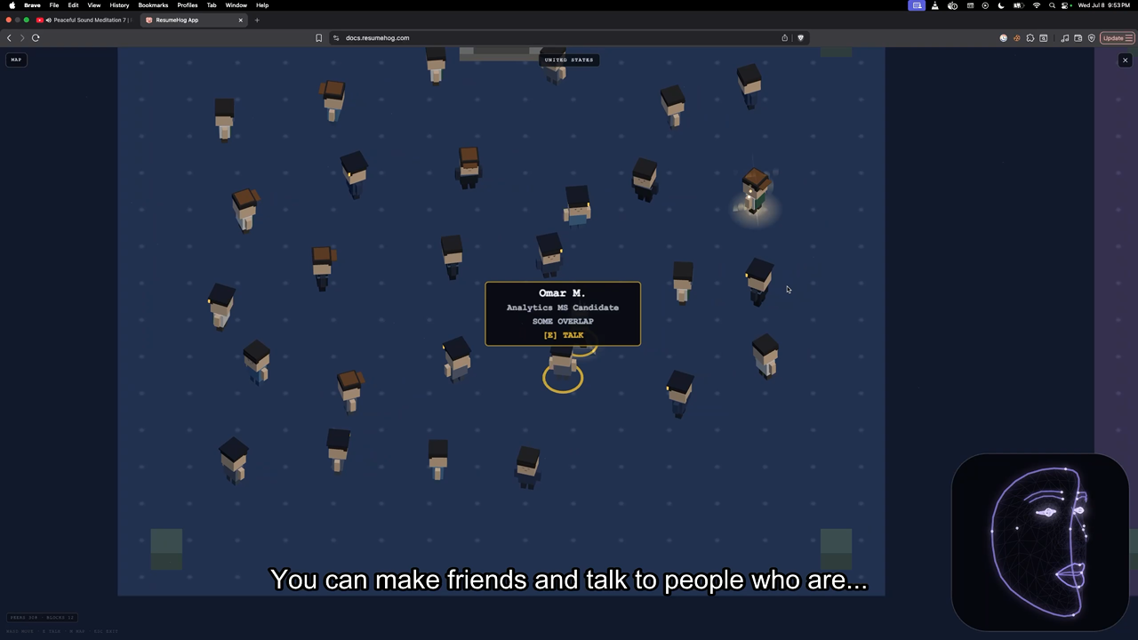 Block World showing a top-down voxel career neighborhood with masked peer avatars and a talk prompt