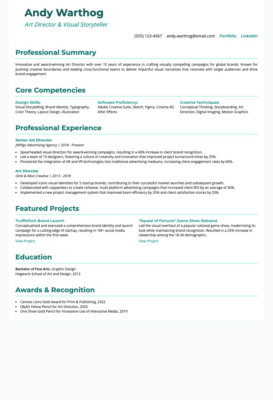 Andy Warthog resume template preview — teal-accented strategic layout for career changers and creatives
