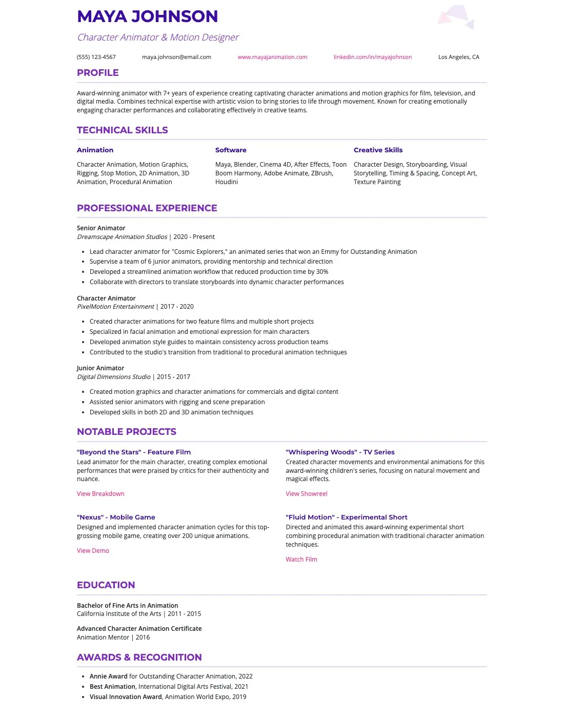 Boar-d Animator resume template preview: purple headings, three-column skills and a two-column projects showcase