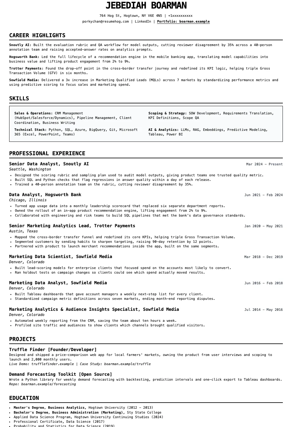 Career Highlights resume template preview: monospace layout that opens with one achievement per employer