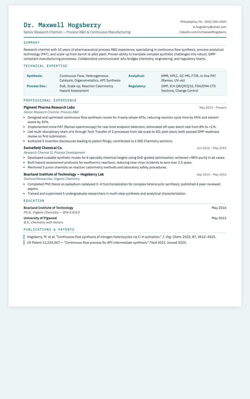 Chemistry R&D resume template preview — clean scientific layout with teal accents for researchers and lab professionals