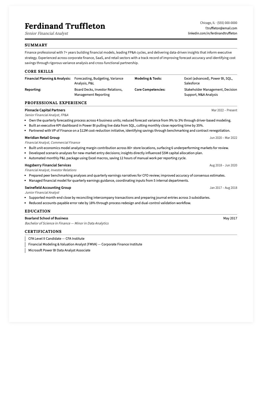 Financial Analyst resume template preview — serif-accented professional layout for finance and banking