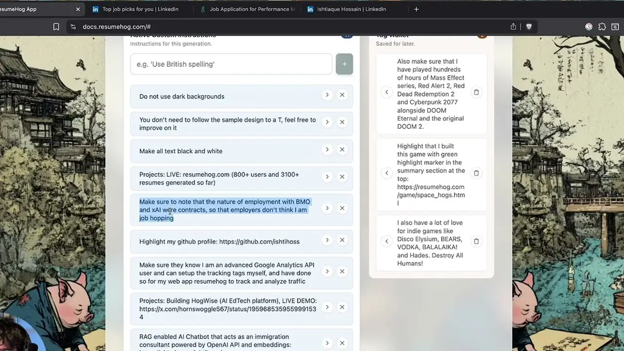 Screen recording of the ResumeHog app during a resume tailoring walkthrough