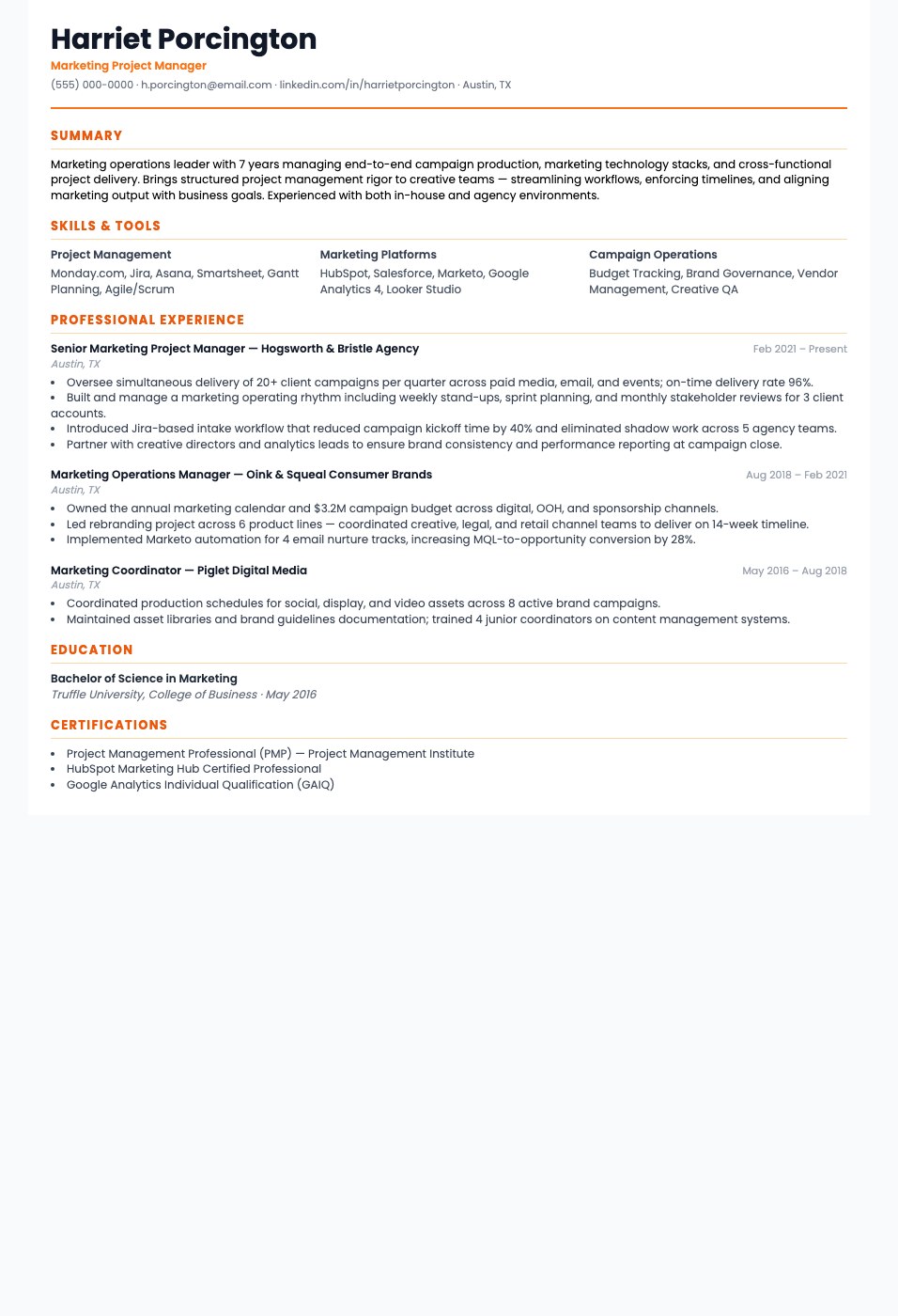 Marketing Project Manager resume template preview — structured layout for marketing and brand professionals