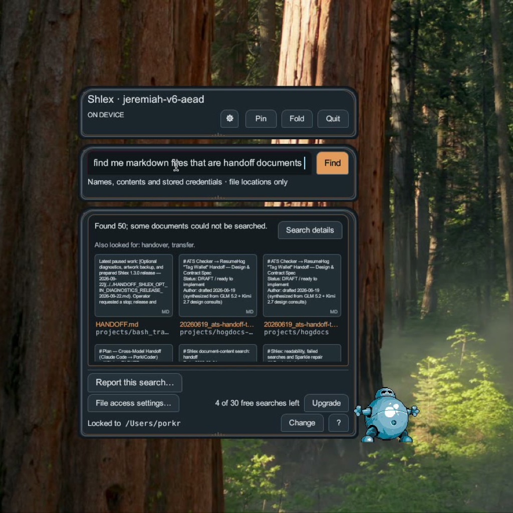 Shlex app window on a Mac desktop showing a plain-language search and matching document previews