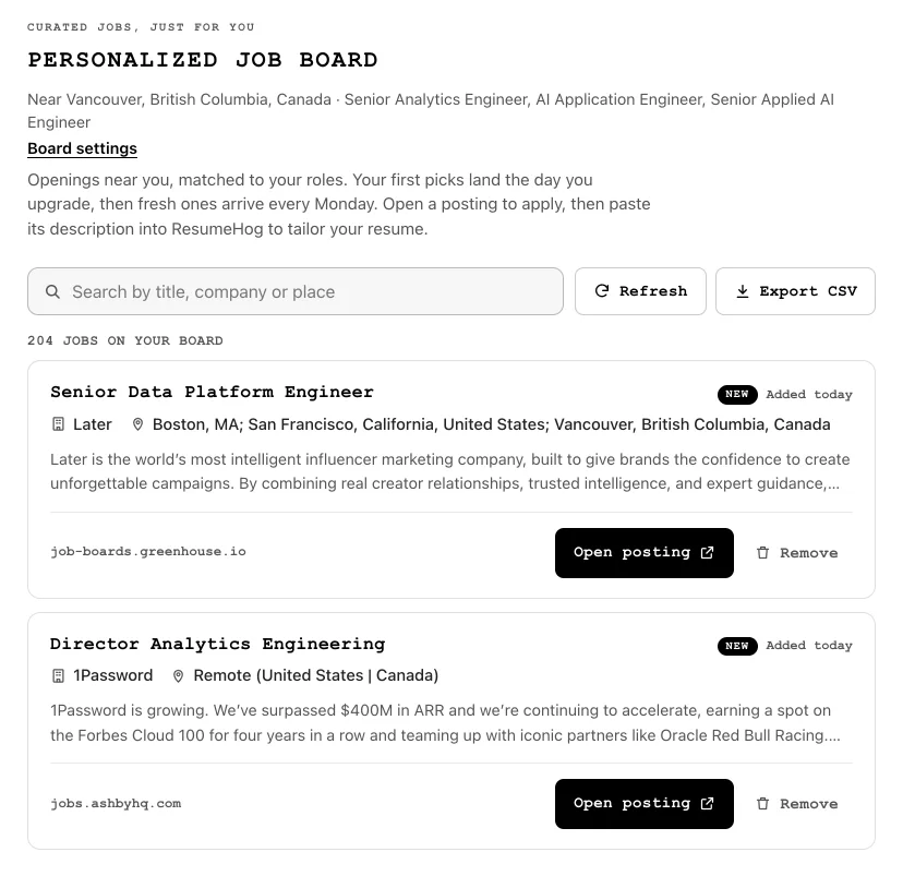 The ResumeHog Personalized Job Board: job cards near you, matched to your roles, each showing the role, company and location with a link to the original posting
