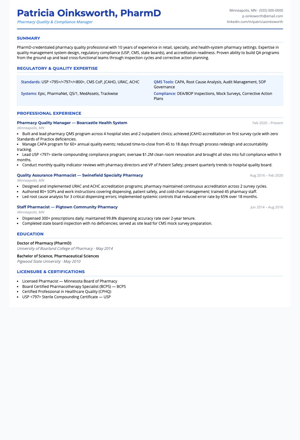 Pharmacy Quality Manager resume template preview — professional healthcare layout for pharmacists and quality professionals