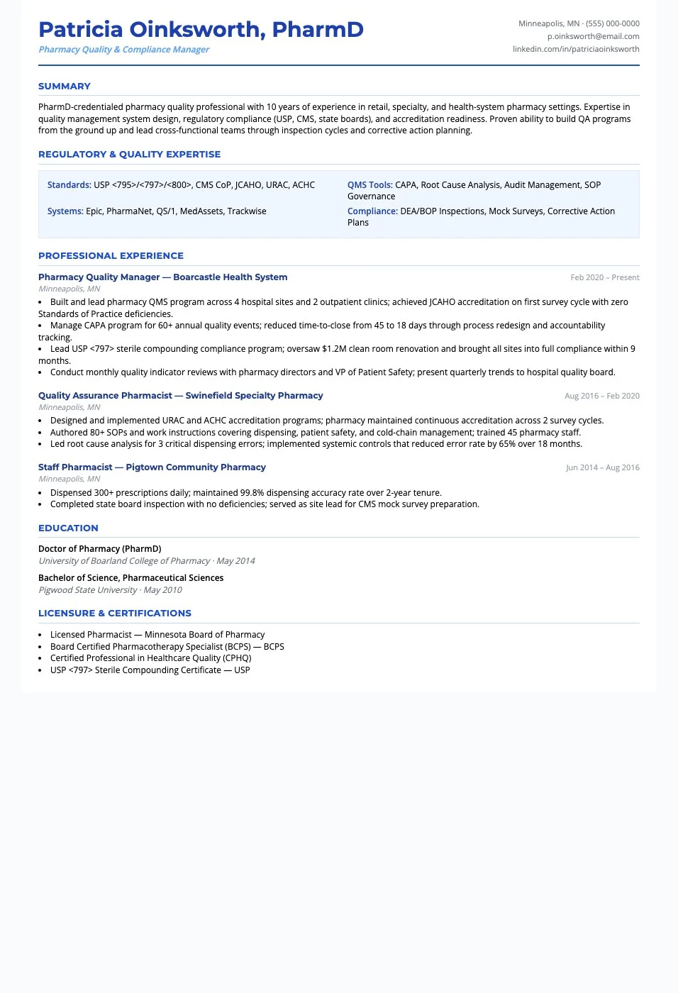 Pharmacy Quality Manager resume template preview — professional healthcare layout for pharmacists and quality professionals