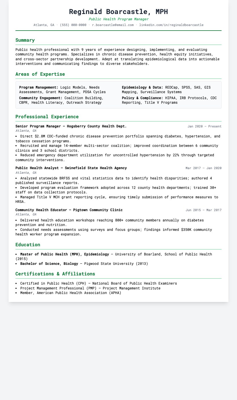 Public Health Professional resume template preview — clean layout for epidemiologists and community health workers