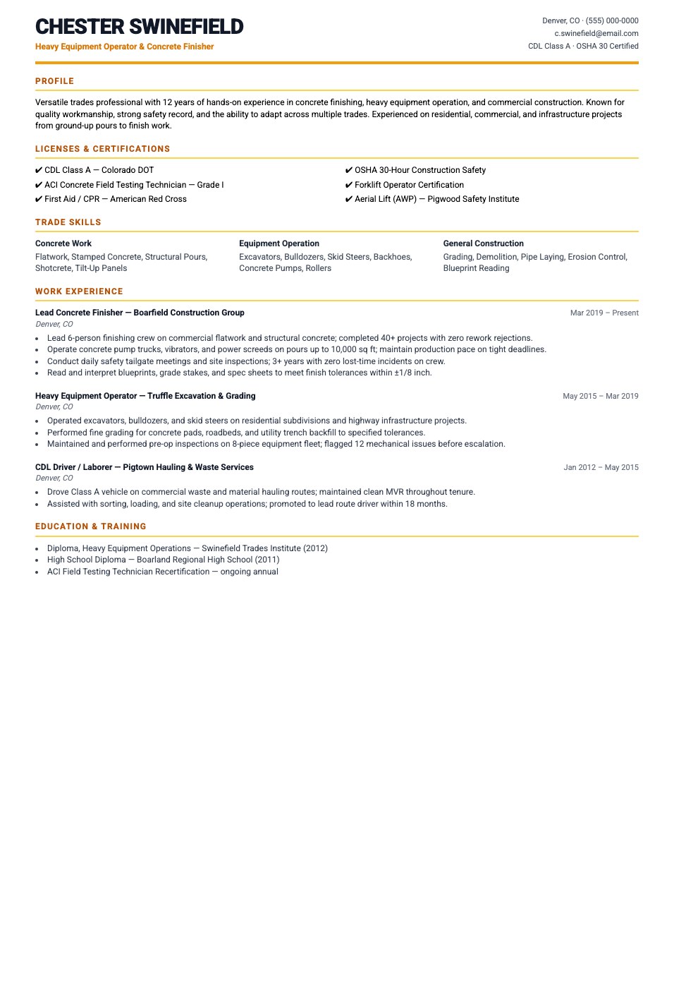 Skilled Trades resume template preview — bold amber-accented layout with licenses and certifications prominently displayed