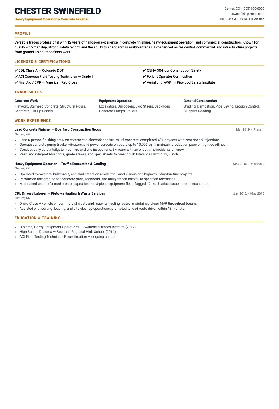 Skilled Trades resume template preview — bold amber-accented layout with licenses and certifications prominently displayed