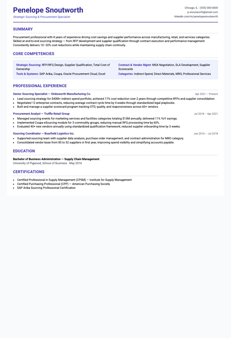 Sourcing Specialist resume template preview — professional layout for procurement and supply chain roles