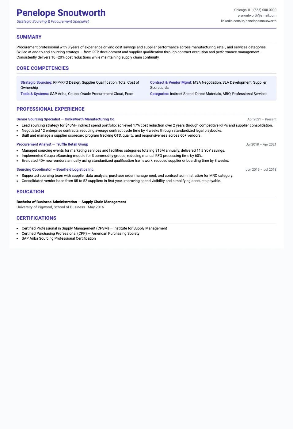 Sourcing Specialist resume template preview — professional layout for procurement and supply chain roles