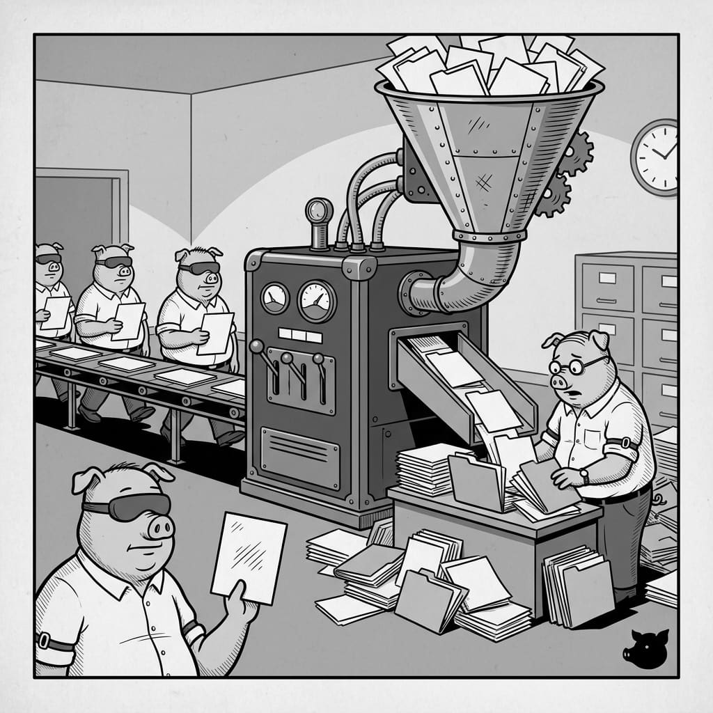 Blindfolded hog clerks carry papers along a conveyor into a sorting machine while a clerk in spectacles sorts the files it drops